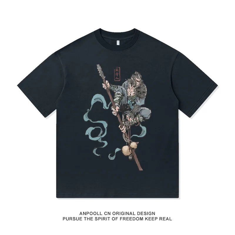 Guangzhi Saved My Black Myth: Wukong Game Retro Print Women's American-style Heavyweight Cotton Short-sleeved T-shirt for Men - 8 14