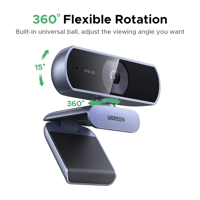 【RU】 UGREEN 2K Web cam with Microphone, Full HD 2K, Auto Light Correction, Video Webcam for Streaming 4