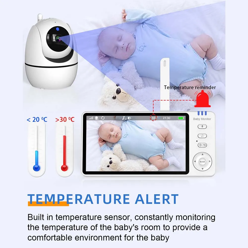 5 Inch Video Baby Monitor With Camera PTZ Zoom Babyphone Cam Security Protection Surveillance Cameras Temperature Sensor Lullaby 3
