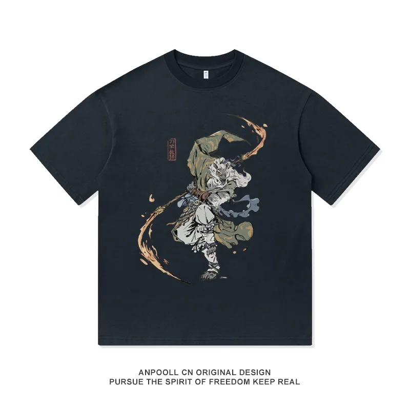 Guangzhi Saved My Black Myth: Wukong Game Retro Print Women's American-style Heavyweight Cotton Short-sleeved T-shirt for Men - 5 6