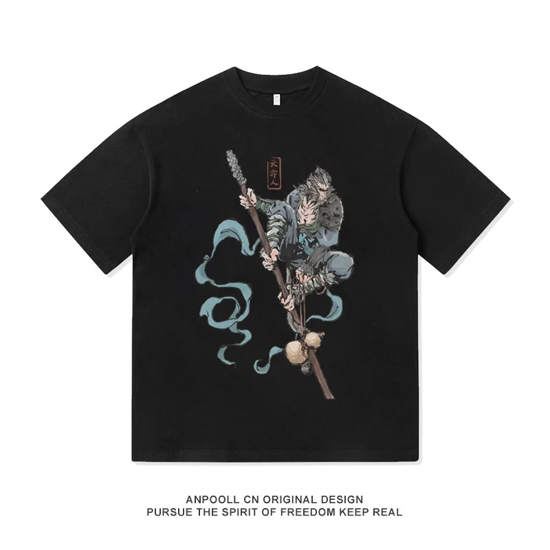 Guangzhi Saved My Black Myth: Wukong Game Retro Print Women's American-style Heavyweight Cotton Short-sleeved T-shirt for Men - 12 13