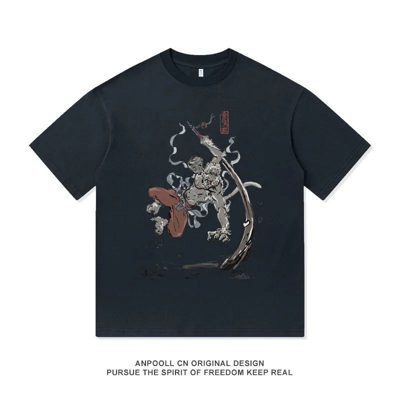 Guangzhi Saved My Black Myth: Wukong Game Retro Print Women's American-style Heavyweight Cotton Short-sleeved T-shirt for Men - 7 10