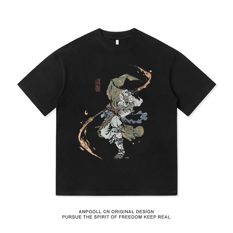 Guangzhi Saved My Black Myth: Wukong Game Retro Print Women's American-style Heavyweight Cotton Short-sleeved T-shirt for Men - 9 3
