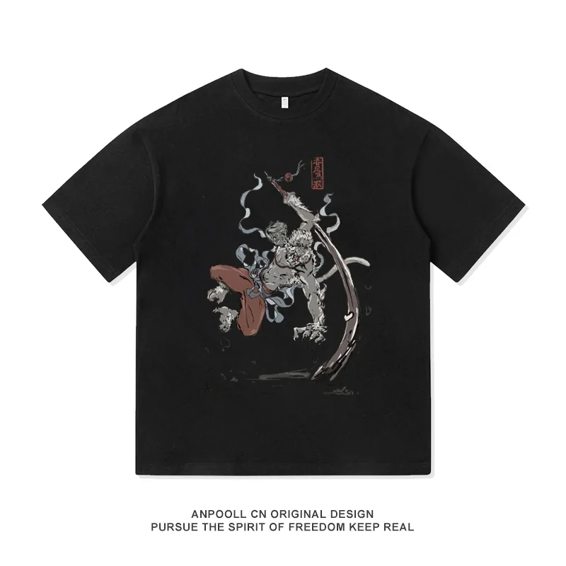 Guangzhi Saved My Black Myth: Wukong Game Retro Print Women's American-style Heavyweight Cotton Short-sleeved T-shirt for Men - 11 8