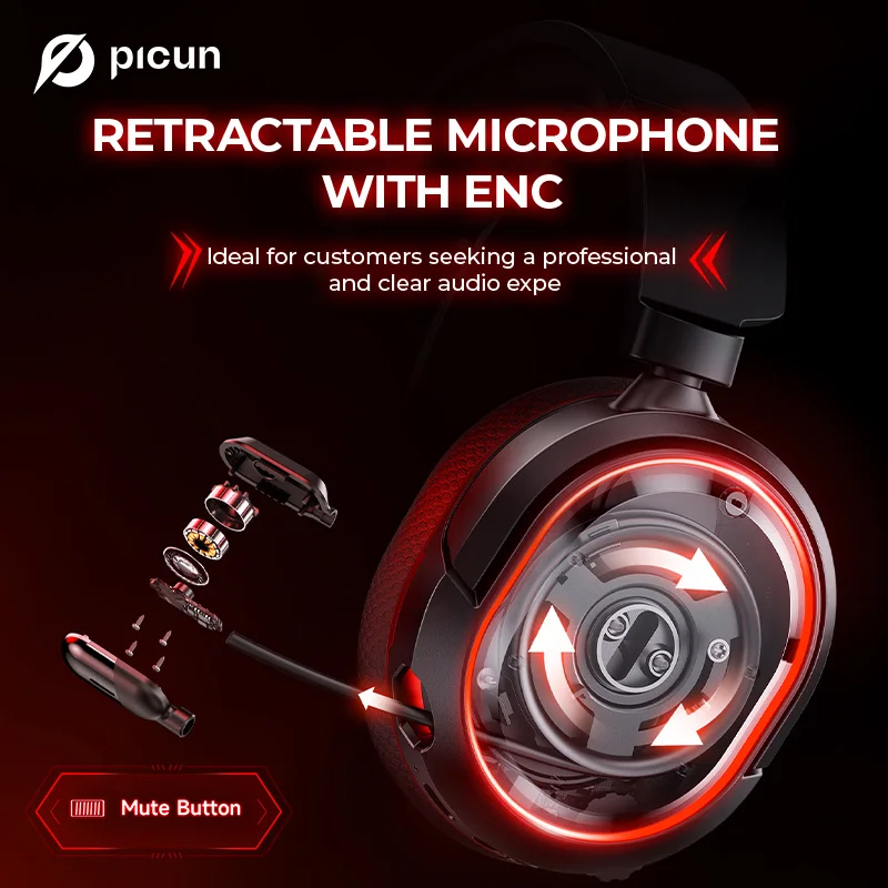Picun G2 2.4G Wireless Gaming Headset Bluetooth Headphones 5ms Low Latency 7.1 Surround ENC Mic For PC PS4 PS5 Phone Switch 12