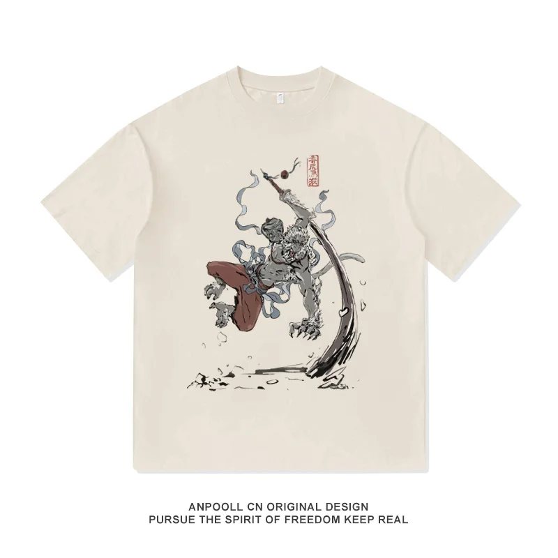 Guangzhi Saved My Black Myth: Wukong Game Retro Print Women's American-style Heavyweight Cotton Short-sleeved T-shirt for Men - 15 11